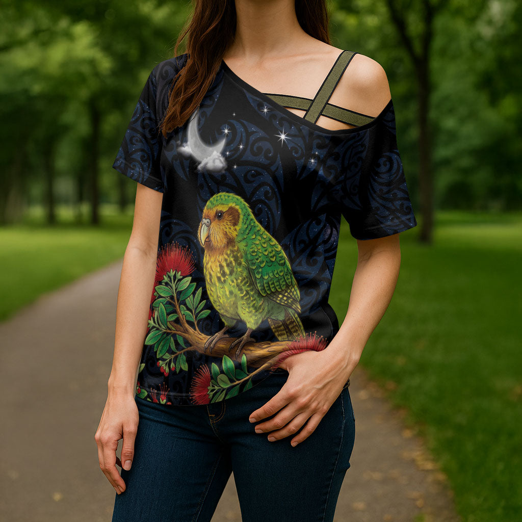 New Zealand Kakapo Matariki Personalised Cross Shoulder Shirt Pohutukawa Flower Galaxy Maori Pattern