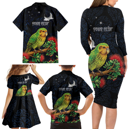 New Zealand Kakapo Matariki Personalised Family Matching Long Sleeve Bodycon Dress and Hawaiian Shirt Pohutukawa Flower Galaxy Maori Pattern