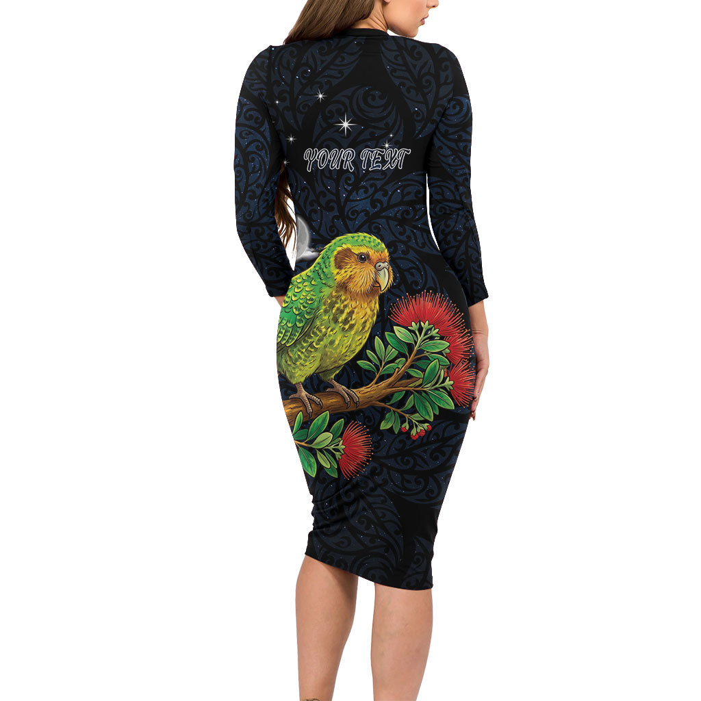 New Zealand Kakapo Matariki Personalised Family Matching Long Sleeve Bodycon Dress and Hawaiian Shirt Pohutukawa Flower Galaxy Maori Pattern