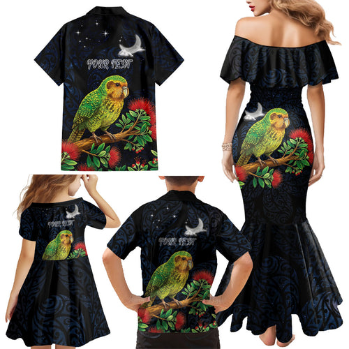 New Zealand Kakapo Matariki Personalised Family Matching Mermaid Dress and Hawaiian Shirt Pohutukawa Flower Galaxy Maori Pattern
