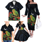 New Zealand Kakapo Matariki Personalised Family Matching Off The Shoulder Long Sleeve Dress and Hawaiian Shirt Pohutukawa Flower Galaxy Maori Pattern