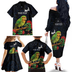 New Zealand Kakapo Matariki Personalised Family Matching Off The Shoulder Long Sleeve Dress and Hawaiian Shirt Pohutukawa Flower Galaxy Maori Pattern