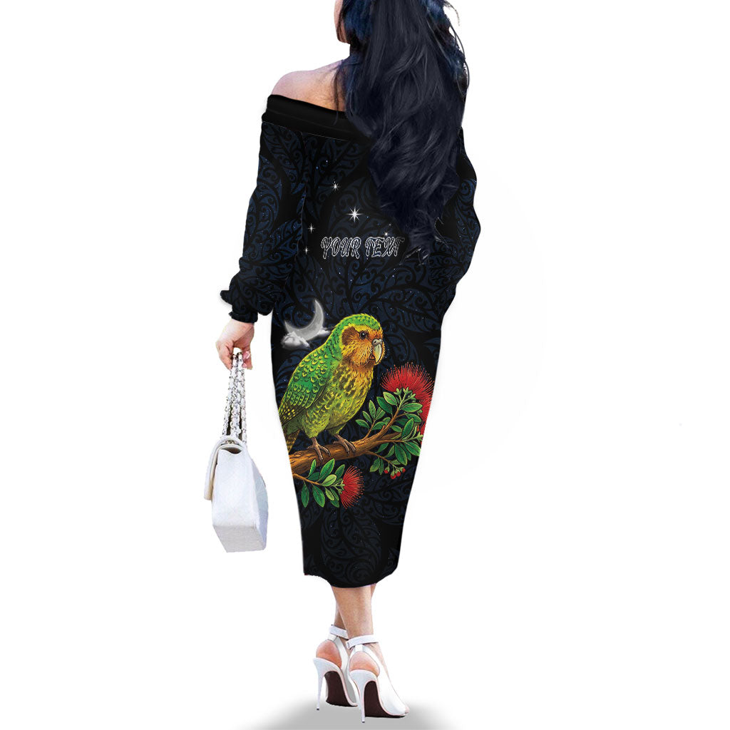 New Zealand Kakapo Matariki Personalised Family Matching Off The Shoulder Long Sleeve Dress and Hawaiian Shirt Pohutukawa Flower Galaxy Maori Pattern