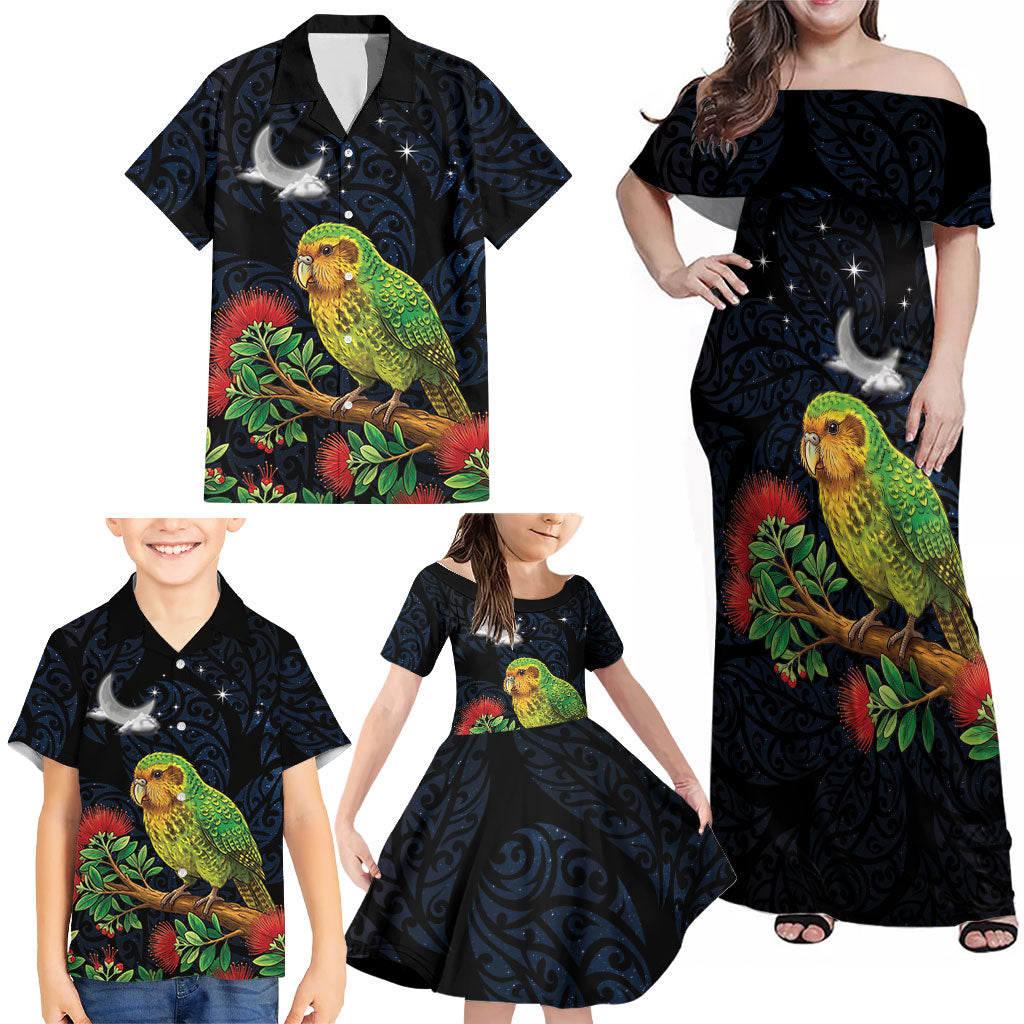 New Zealand Kakapo Matariki Personalised Family Matching Off Shoulder Maxi Dress and Hawaiian Shirt Pohutukawa Flower Galaxy Maori Pattern