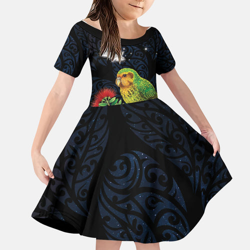 New Zealand Kakapo Matariki Personalised Family Matching Off Shoulder Maxi Dress and Hawaiian Shirt Pohutukawa Flower Galaxy Maori Pattern