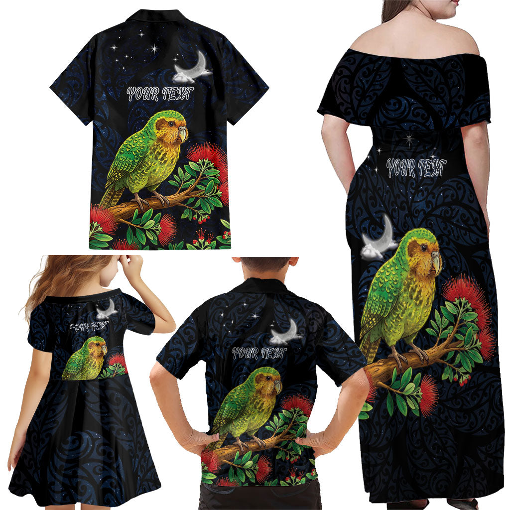 New Zealand Kakapo Matariki Personalised Family Matching Off Shoulder Maxi Dress and Hawaiian Shirt Pohutukawa Flower Galaxy Maori Pattern