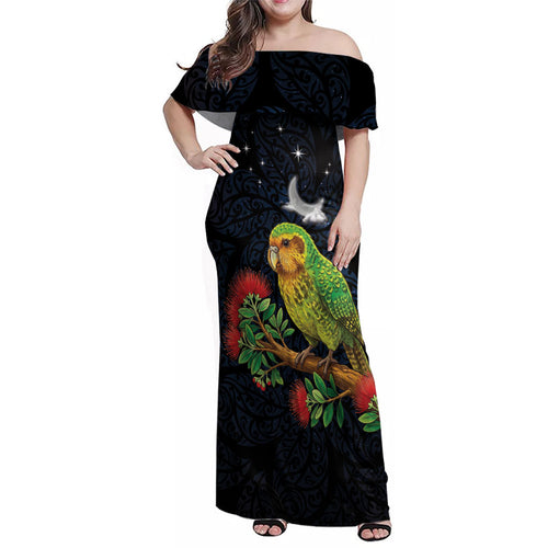 New Zealand Kakapo Matariki Personalised Family Matching Off Shoulder Maxi Dress and Hawaiian Shirt Pohutukawa Flower Galaxy Maori Pattern