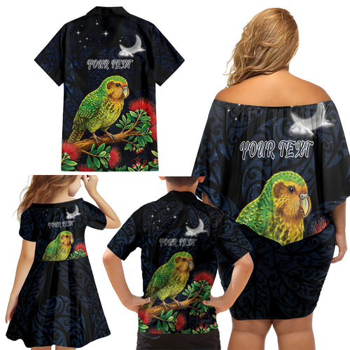 New Zealand Kakapo Matariki Personalised Family Matching Off Shoulder Short Dress and Hawaiian Shirt Pohutukawa Flower Galaxy Maori Pattern