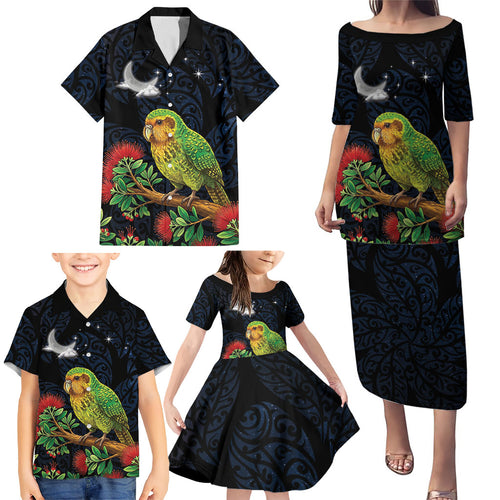 New Zealand Kakapo Matariki Personalised Family Matching Puletasi and Hawaiian Shirt Pohutukawa Flower Galaxy Maori Pattern