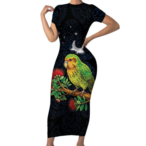 New Zealand Kakapo Matariki Personalised Family Matching Short Sleeve Bodycon Dress and Hawaiian Shirt Pohutukawa Flower Galaxy Maori Pattern