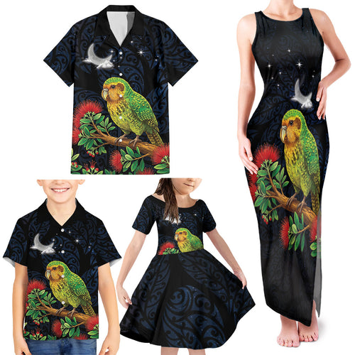 New Zealand Kakapo Matariki Personalised Family Matching Tank Maxi Dress and Hawaiian Shirt Pohutukawa Flower Galaxy Maori Pattern