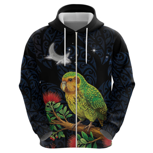 New Zealand Kakapo Matariki Personalised Hoodie Pohutukawa Flower Galaxy Maori Pattern