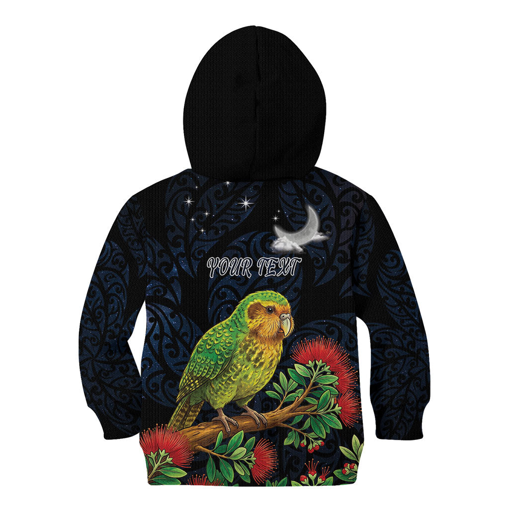 New Zealand Kakapo Matariki Personalised Kid Hoodie Pohutukawa Flower Galaxy Maori Pattern