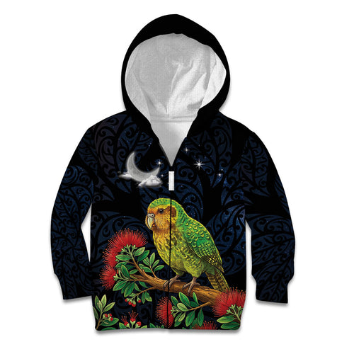 New Zealand Kakapo Matariki Personalised Kid Hoodie Pohutukawa Flower Galaxy Maori Pattern