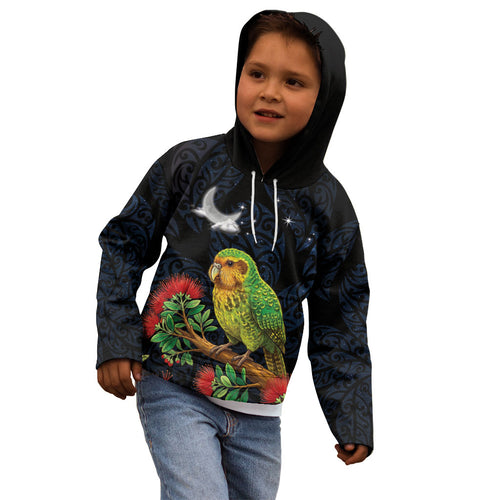 New Zealand Kakapo Matariki Personalised Kid Hoodie Pohutukawa Flower Galaxy Maori Pattern