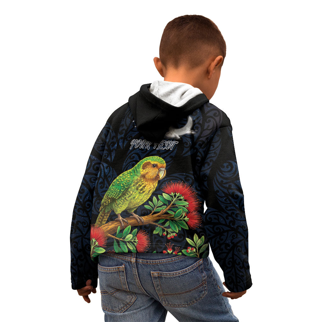 New Zealand Kakapo Matariki Personalised Kid Hoodie Pohutukawa Flower Galaxy Maori Pattern