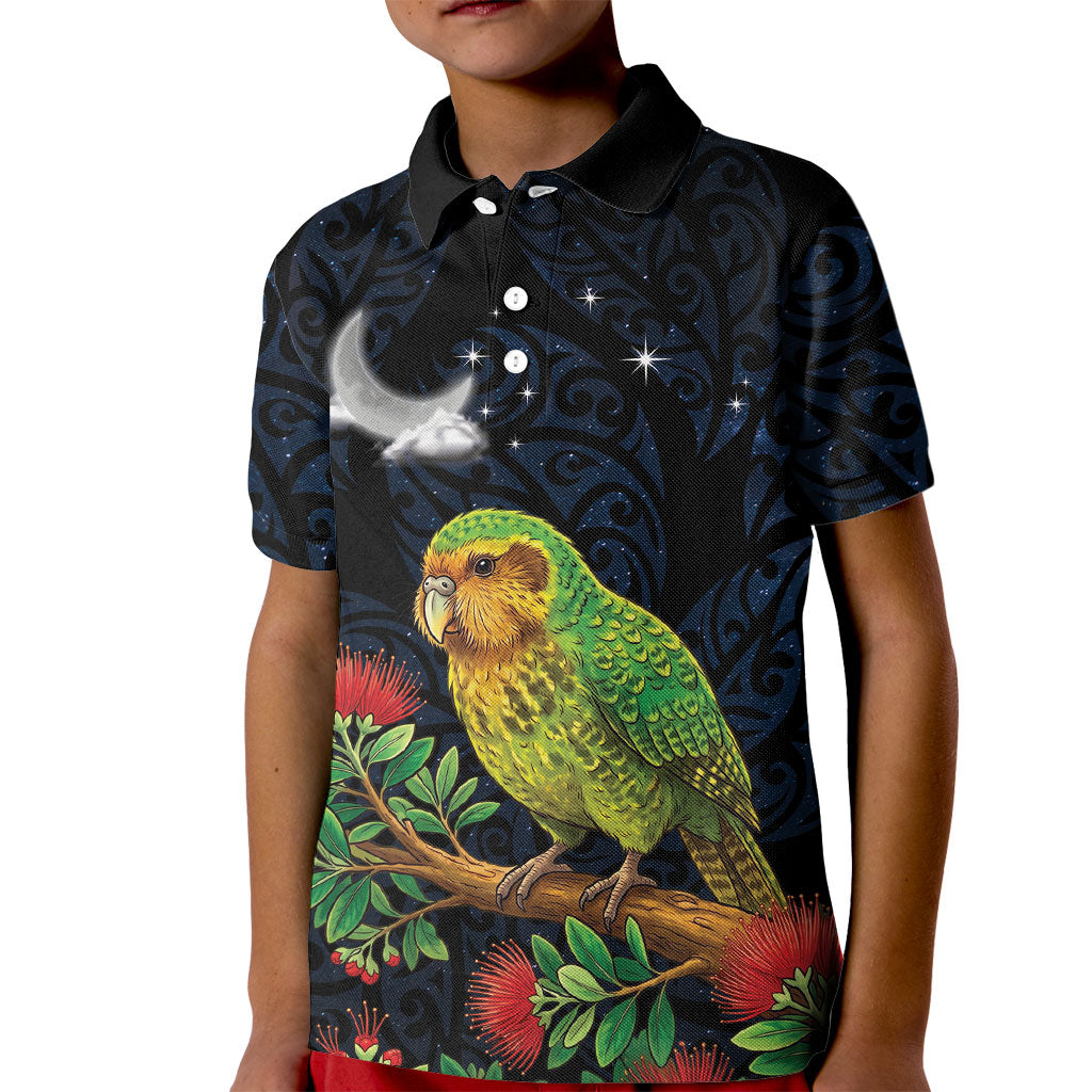 New Zealand Kakapo Matariki Personalised Kid Polo Shirt Pohutukawa Flower Galaxy Maori Pattern
