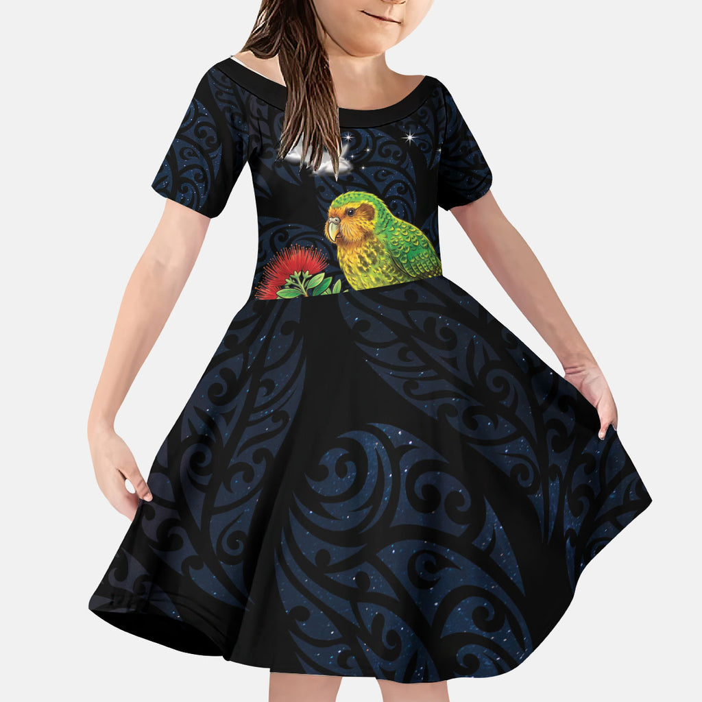 New Zealand Kakapo Matariki Personalised Kid Short Sleeve Dress Pohutukawa Flower Galaxy Maori Pattern