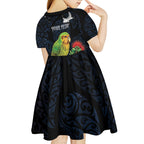 New Zealand Kakapo Matariki Personalised Kid Short Sleeve Dress Pohutukawa Flower Galaxy Maori Pattern
