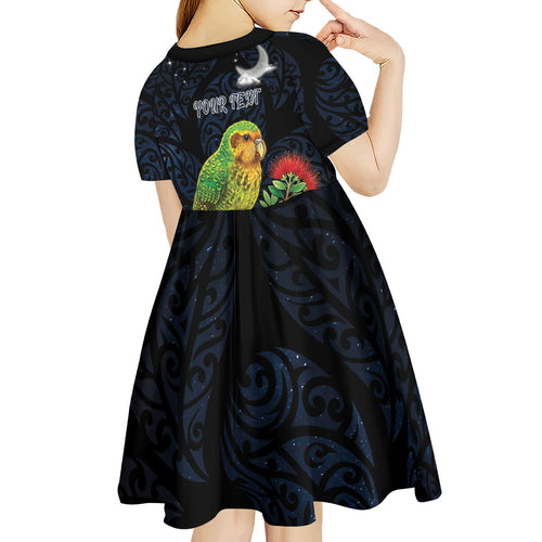 New Zealand Kakapo Matariki Personalised Kid Short Sleeve Dress Pohutukawa Flower Galaxy Maori Pattern