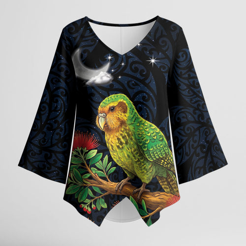 New Zealand Kakapo Matariki Personalised Kimono Sleeve Blouse Pohutukawa Flower Galaxy Maori Pattern