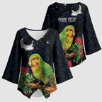 New Zealand Kakapo Matariki Personalised Kimono Sleeve Blouse Pohutukawa Flower Galaxy Maori Pattern