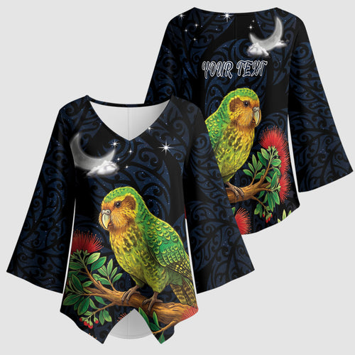 New Zealand Kakapo Matariki Personalised Kimono Sleeve Blouse Pohutukawa Flower Galaxy Maori Pattern