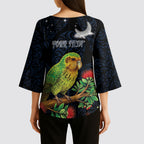 New Zealand Kakapo Matariki Personalised Kimono Sleeve Blouse Pohutukawa Flower Galaxy Maori Pattern