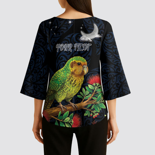 New Zealand Kakapo Matariki Personalised Kimono Sleeve Blouse Pohutukawa Flower Galaxy Maori Pattern