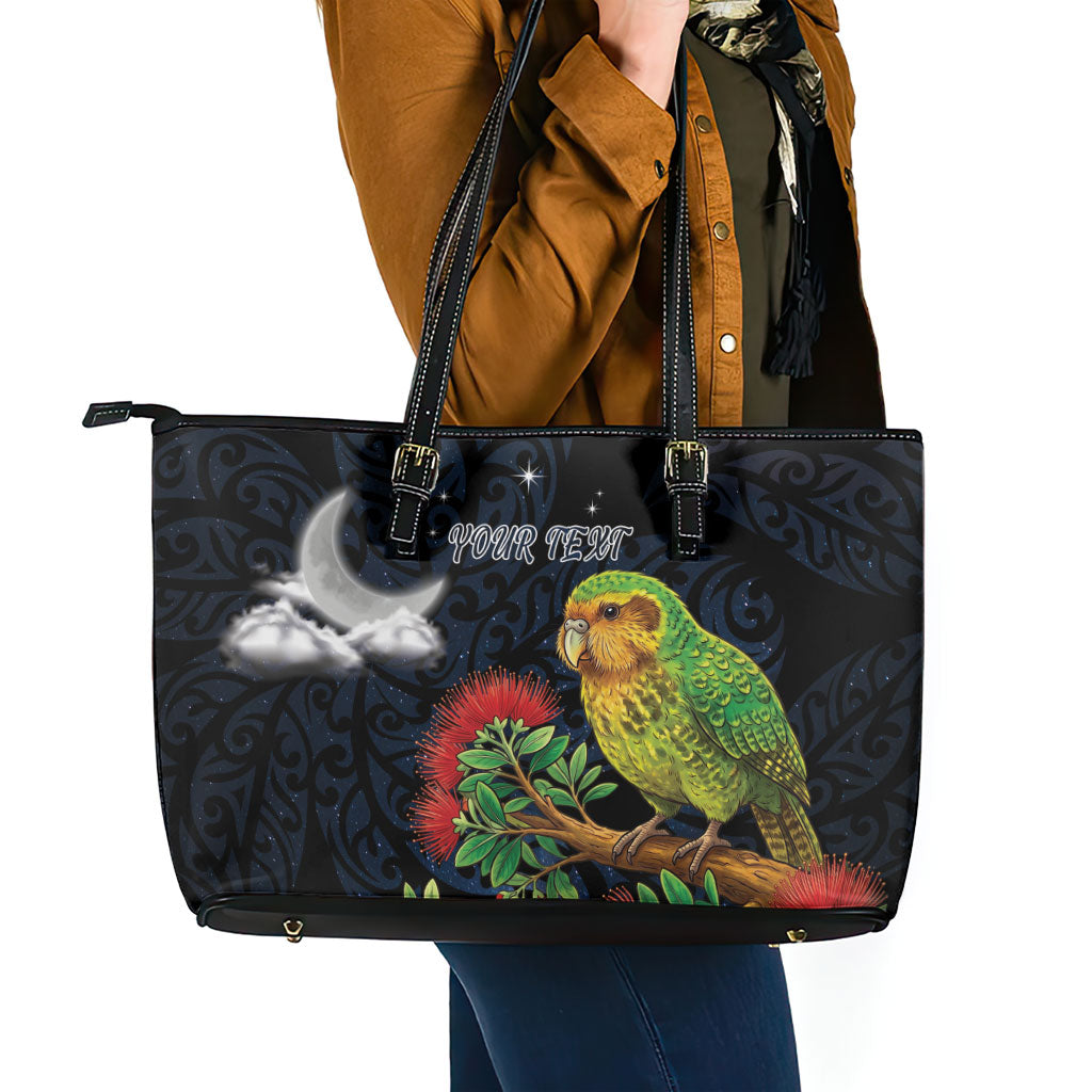 New Zealand Kakapo Matariki Personalised Leather Tote Bag Pohutukawa Flower Galaxy Maori Pattern