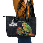 New Zealand Kakapo Matariki Personalised Leather Tote Bag Pohutukawa Flower Galaxy Maori Pattern