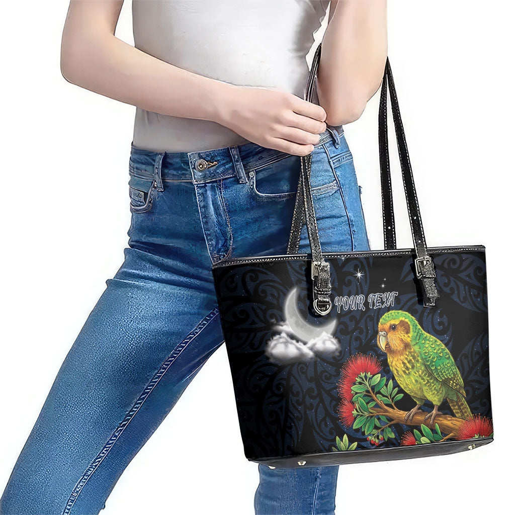 New Zealand Kakapo Matariki Personalised Leather Tote Bag Pohutukawa Flower Galaxy Maori Pattern