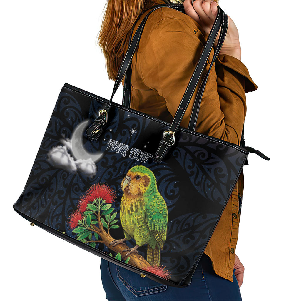 New Zealand Kakapo Matariki Personalised Leather Tote Bag Pohutukawa Flower Galaxy Maori Pattern