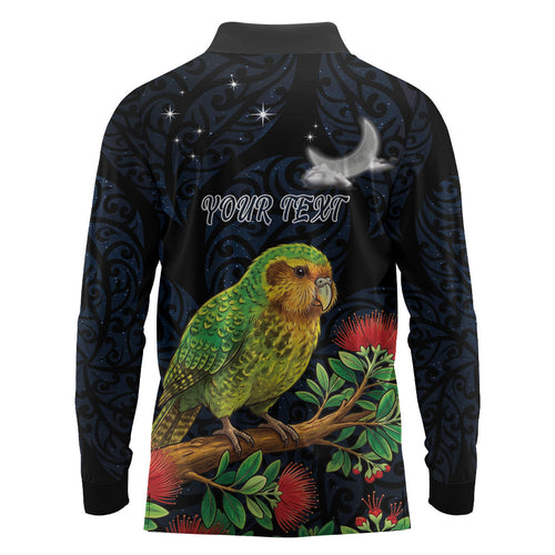 New Zealand Kakapo Matariki Personalised Long Sleeve Polo Shirt Pohutukawa Flower Galaxy Maori Pattern