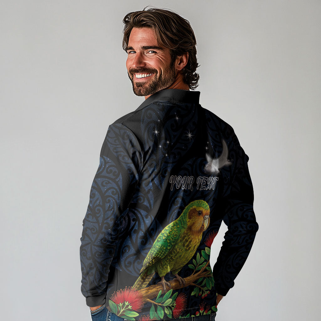 New Zealand Kakapo Matariki Personalised Long Sleeve Polo Shirt Pohutukawa Flower Galaxy Maori Pattern