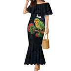 New Zealand Kakapo Matariki Personalised Mermaid Dress Pohutukawa Flower Galaxy Maori Pattern