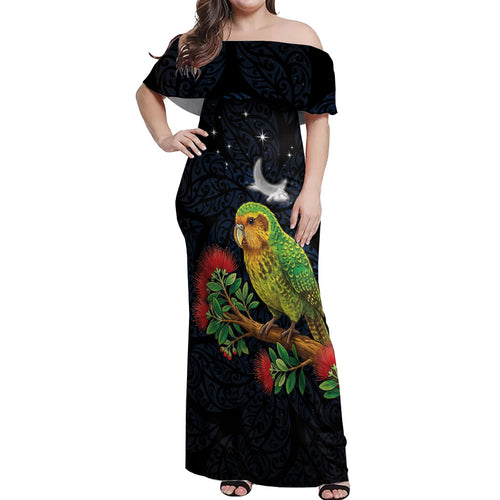 New Zealand Kakapo Matariki Personalised Off Shoulder Maxi Dress Pohutukawa Flower Galaxy Maori Pattern