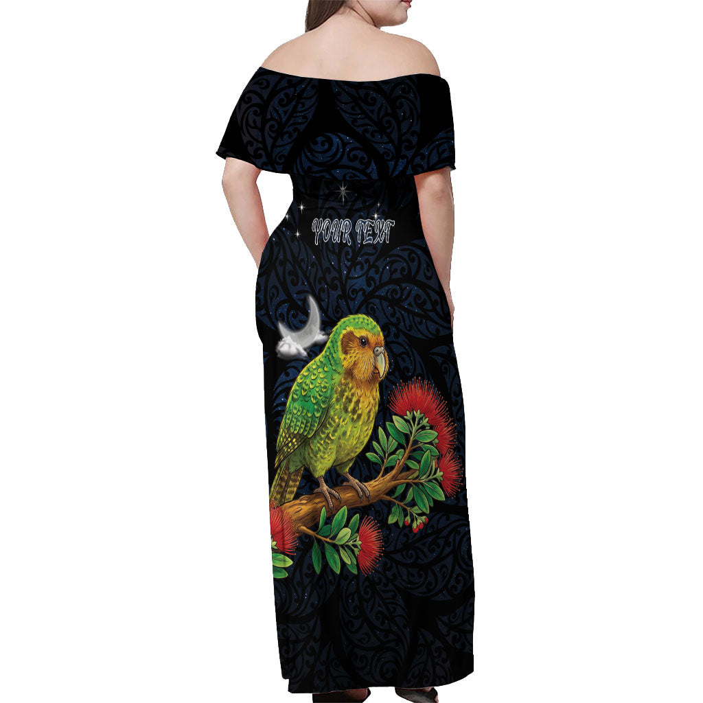 New Zealand Kakapo Matariki Personalised Off Shoulder Maxi Dress Pohutukawa Flower Galaxy Maori Pattern