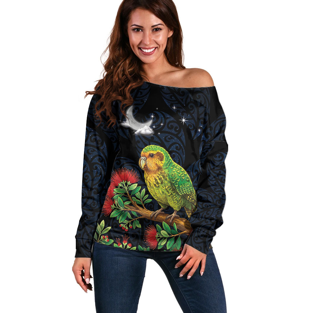 New Zealand Kakapo Matariki Personalised Off Shoulder Sweater Pohutukawa Flower Galaxy Maori Pattern