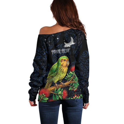 New Zealand Kakapo Matariki Personalised Off Shoulder Sweater Pohutukawa Flower Galaxy Maori Pattern