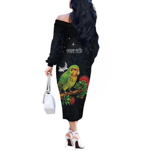 New Zealand Kakapo Matariki Personalised Off The Shoulder Long Sleeve Dress Pohutukawa Flower Galaxy Maori Pattern