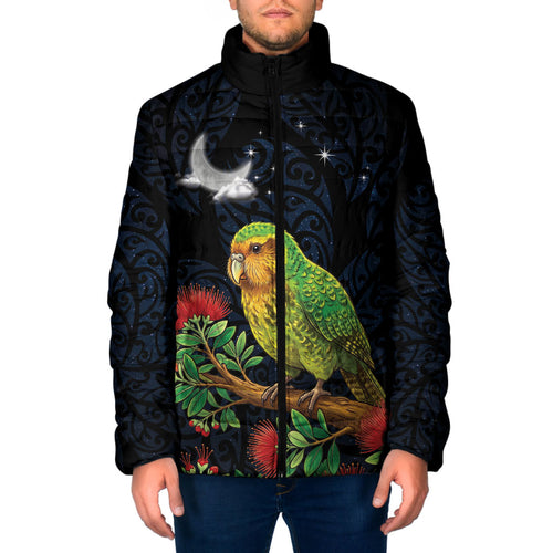 New Zealand Kakapo Matariki Personalised Padded Jacket Pohutukawa Flower Galaxy Maori Pattern