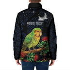 New Zealand Kakapo Matariki Personalised Padded Jacket Pohutukawa Flower Galaxy Maori Pattern