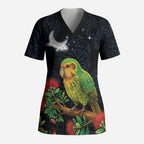 New Zealand Kakapo Matariki Personalised Scrub Top Pohutukawa Flower Galaxy Maori Pattern