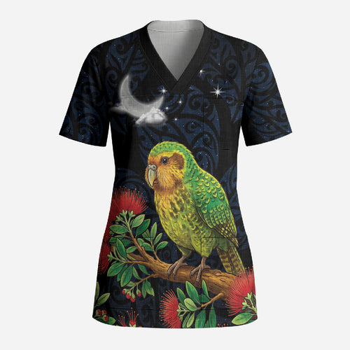 New Zealand Kakapo Matariki Personalised Scrub Top Pohutukawa Flower Galaxy Maori Pattern