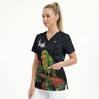 New Zealand Kakapo Matariki Personalised Scrub Top Pohutukawa Flower Galaxy Maori Pattern