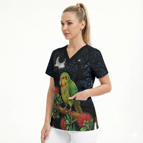 New Zealand Kakapo Matariki Personalised Scrub Top Pohutukawa Flower Galaxy Maori Pattern