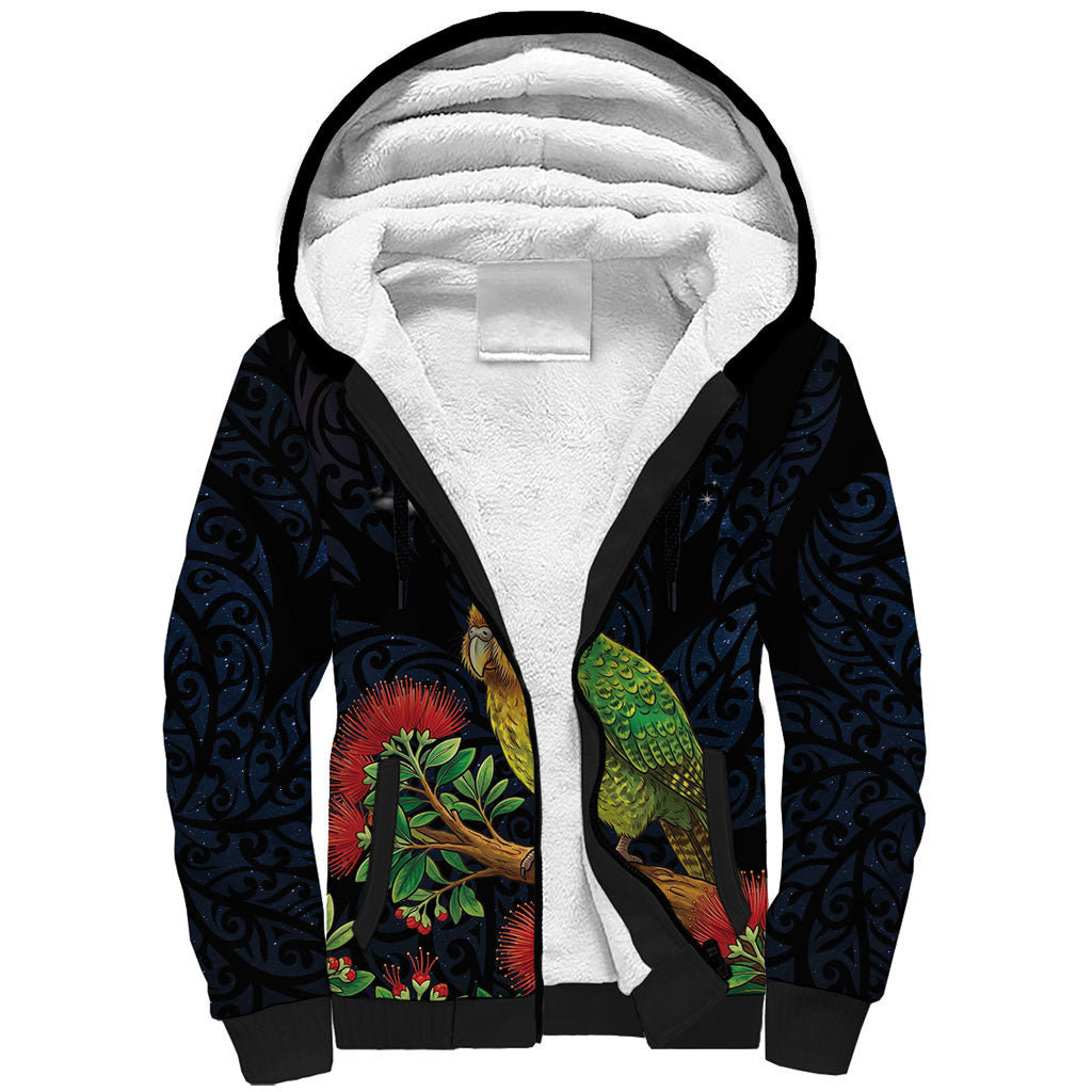 New Zealand Kakapo Matariki Personalised Sherpa Hoodie Pohutukawa Flower Galaxy Maori Pattern