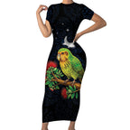 New Zealand Kakapo Matariki Personalised Short Sleeve Bodycon Dress Pohutukawa Flower Galaxy Maori Pattern