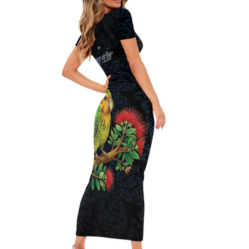 New Zealand Kakapo Matariki Personalised Short Sleeve Bodycon Dress Pohutukawa Flower Galaxy Maori Pattern